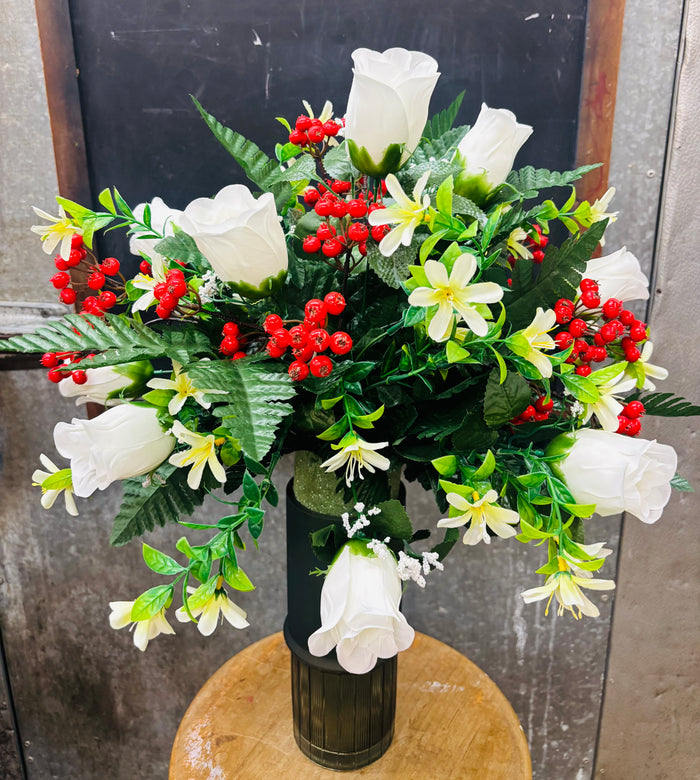 Christmas Silk Roses with Berries Vase Insert