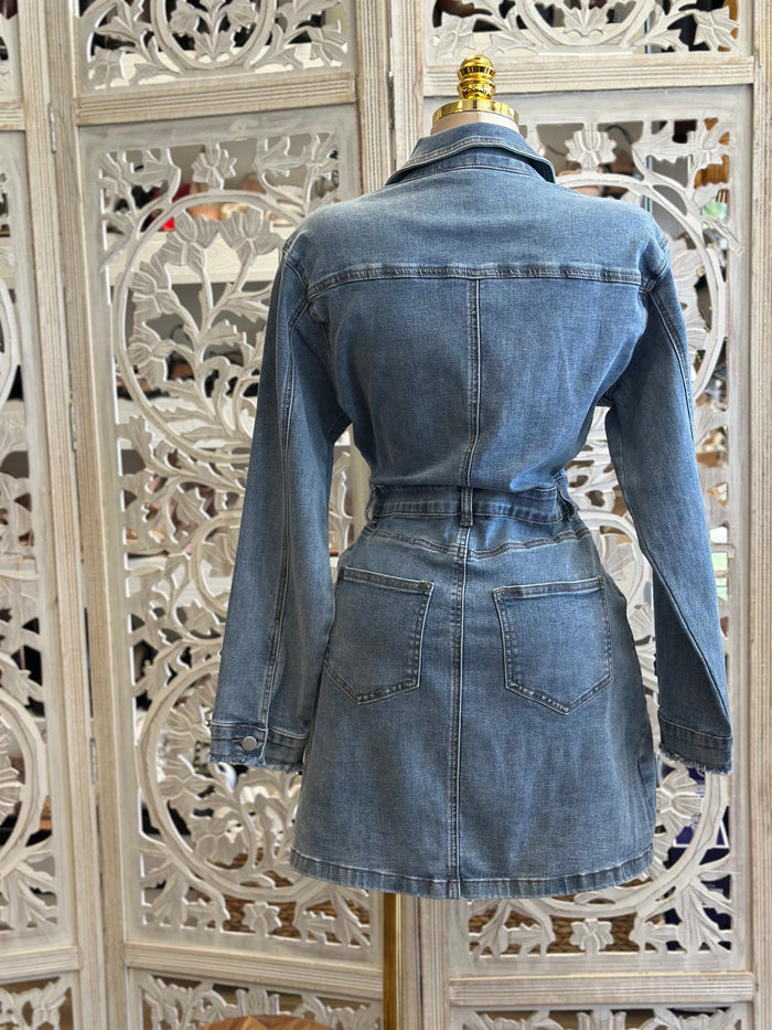 Denim Button Up Fringe Mini Dress-Estira, Stretchy