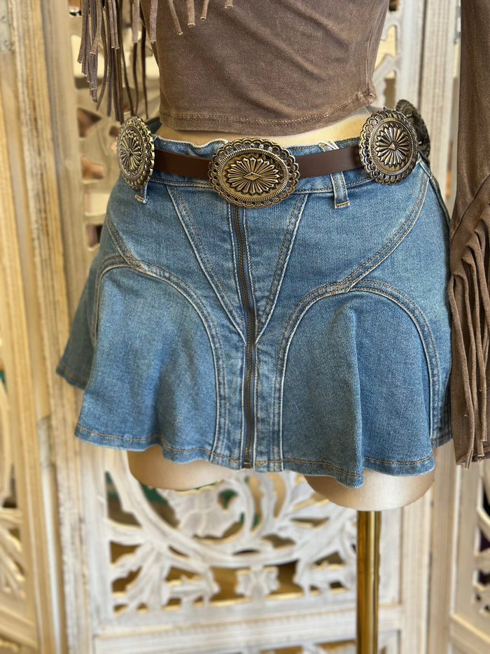 Denim Pleated Mini Skirt-No Estira, Not Stretchy