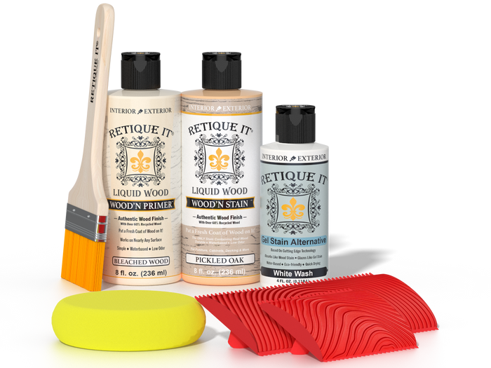 Retique It Wood'n Finish Kit in Sun Bleached for fireplace mantel, showing wood finish applicator and sample wood surface.
