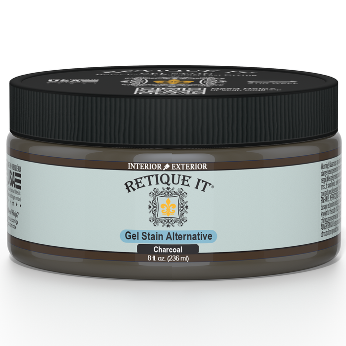 Retique It Gel Stain in Charcoal, showing a close-up of the dark, smooth stain applied to wood for a rich finish.