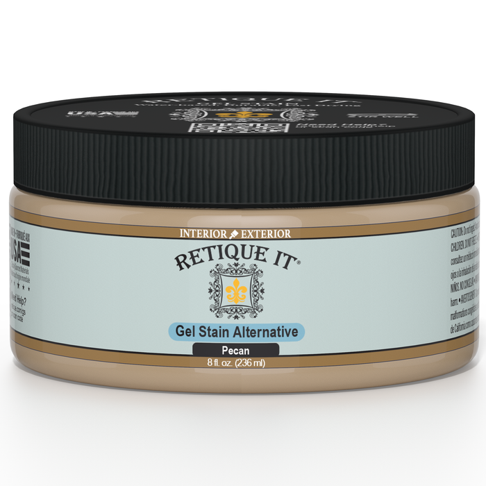 Retique It Gel Stain in Pecan showcasing a smooth, wood-colored finish ideal for furniture and cabinetry projects.