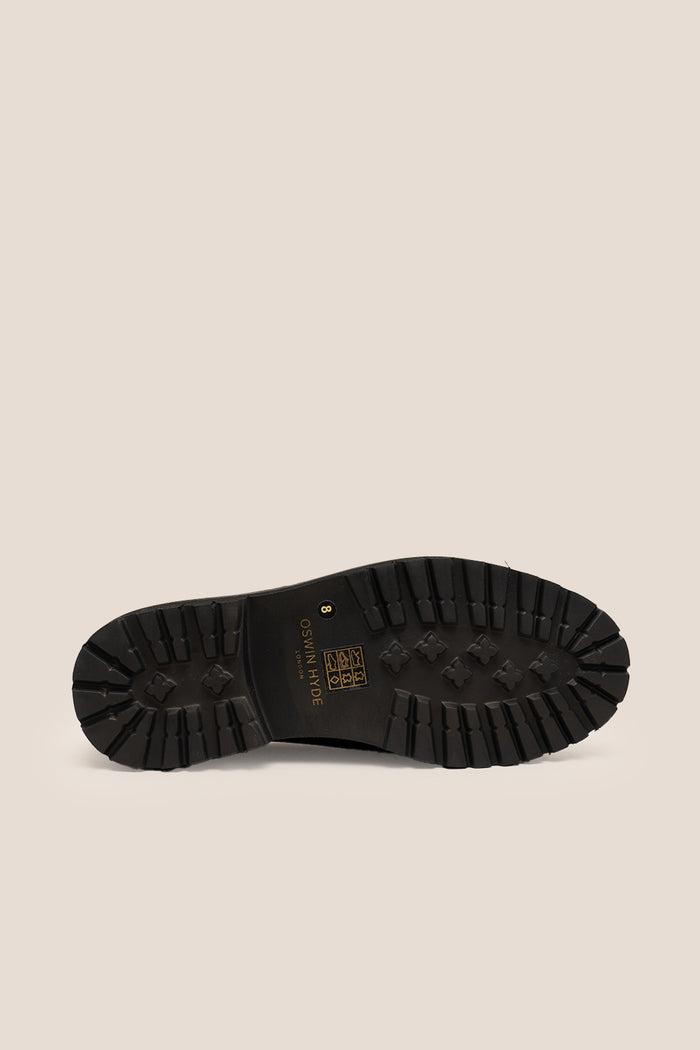 Joshua black leather Wallabee shoes for men by Oswin Hyde – casual luxury footwear with moccasin-style stitching and premium comfort.