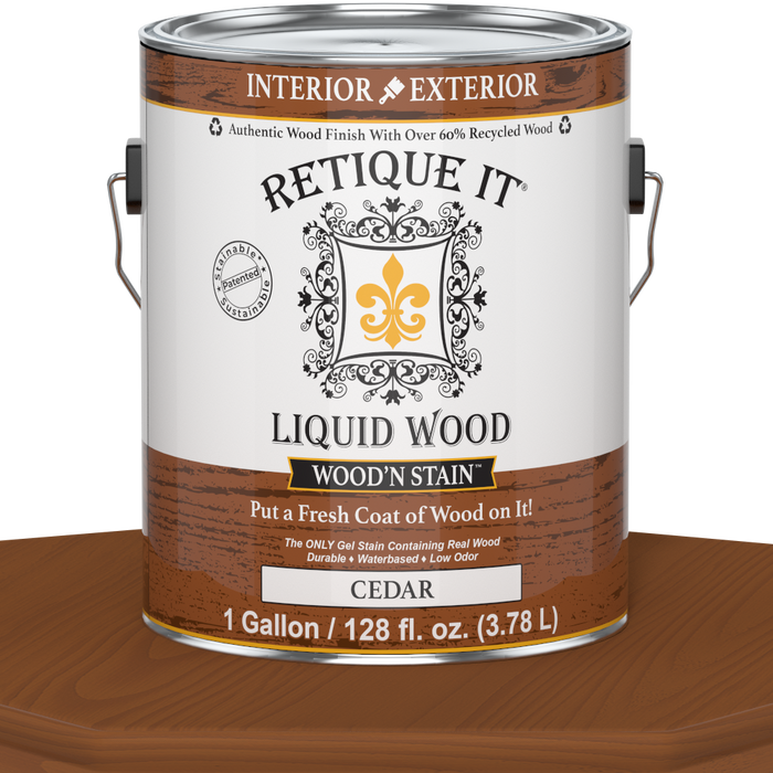 Liquid Wood Wood'n Stain by Retique It in Cedar, 128 oz, showcasing the stain applied to wood for a natural finish.