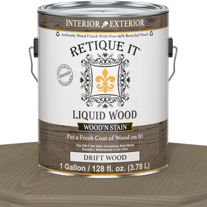 Liquid Wood Wood'n Stain in Drift Wood color by Retique It, 128 oz bottle, showing the stain's natural wood finish and branding.