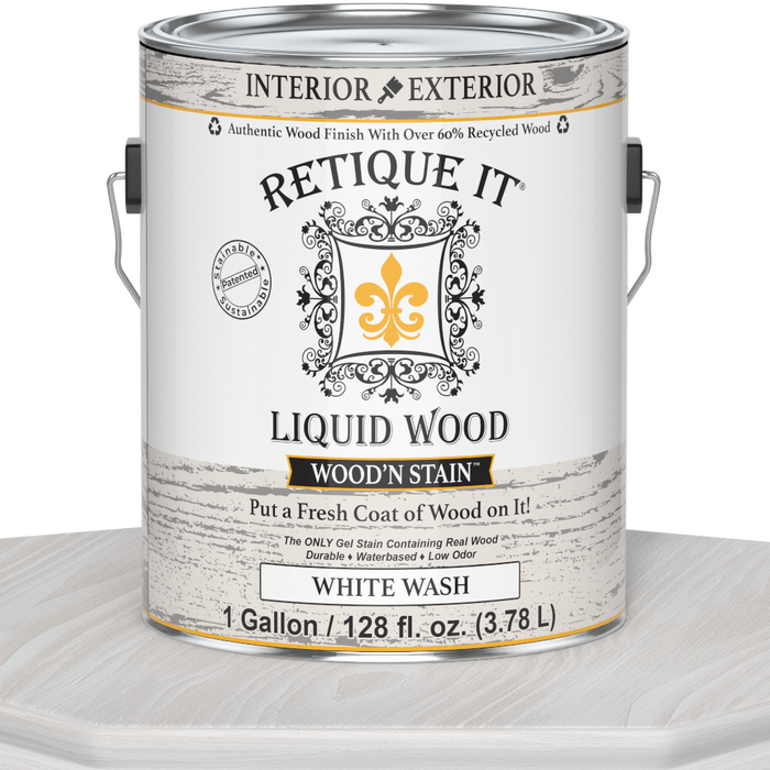 Liquid Wood Wood'n Stain by Retique It in white wash, 128 oz, showcasing the stain's smooth application on wood surface.
