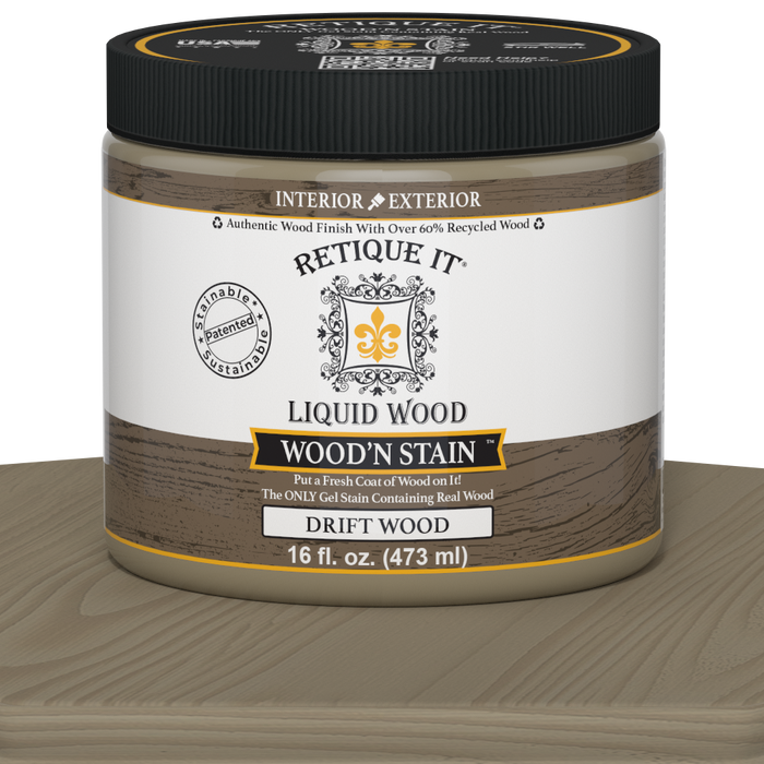 Retique It Liquid Wood Wood'n Stain in Drift Wood, 16 oz, showcasing a wood stain bottle with natural wood finish.