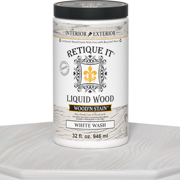 Retique It Liquid Wood Wood'n Stain 32 oz in White Wash showing a container of wood stain with a white wash finish.