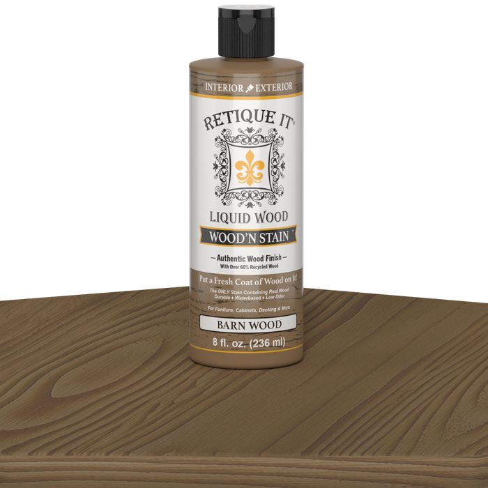 Retique It Liquid Wood Wood'n Stain in 8 oz Barn Wood color showing a wood sample with rich, natural wood stain finish.