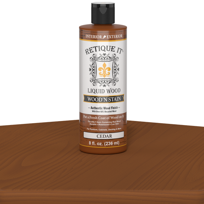 Retique It Liquid Wood Wood'n Stain in Cedar color, 8 oz bottle showing the stain's warm cedar wood finish.