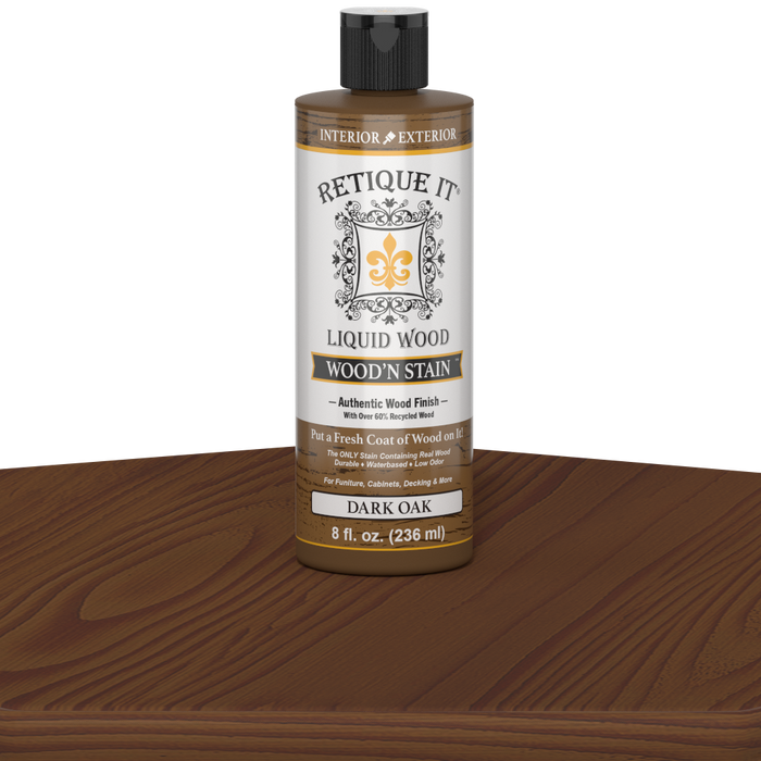 Retique It Liquid Wood Wood'n Stain in Dark Oak, 8 oz bottle, showing the dark oak stain applied to wood surface.