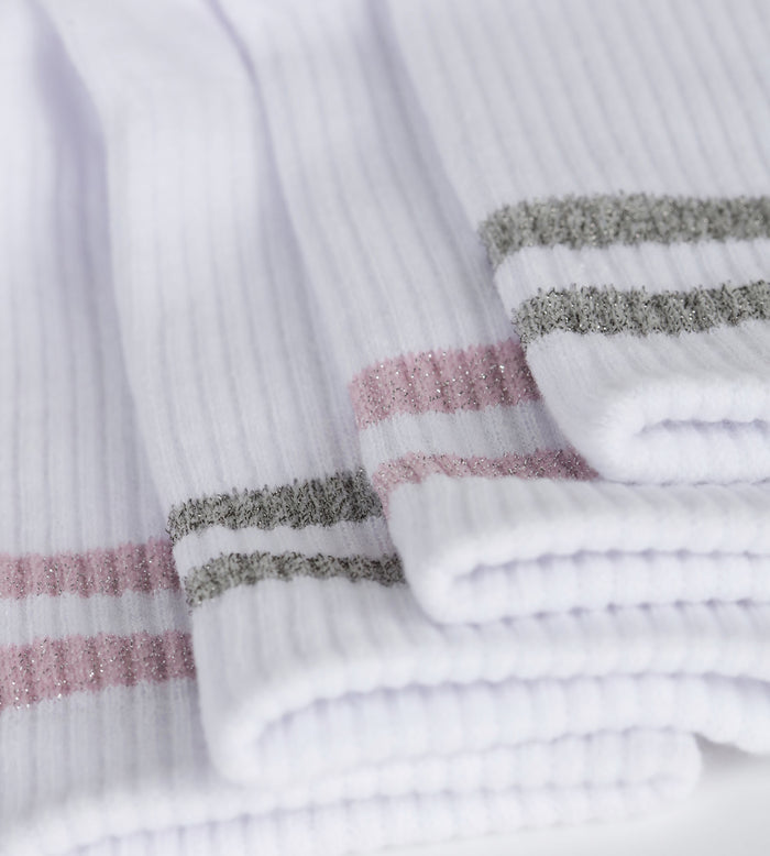 Lot de 2 paires de chaussettes en coton côtelé Blanc et lurex Rose Gris Dim Mode