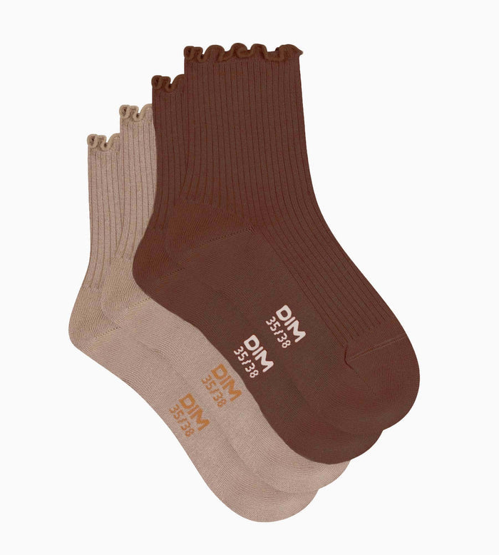 Lot de 2 paires de chaussettes femme à volants Taupe Café Dim Modal