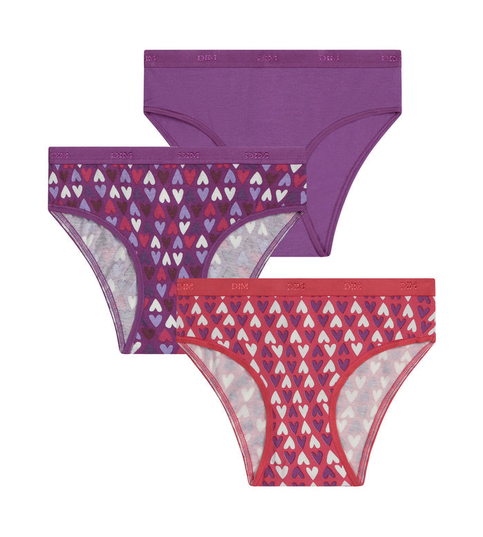 Lot de 3 culottes fille coton stretch Violet Rouge à cœurs Les Pockets