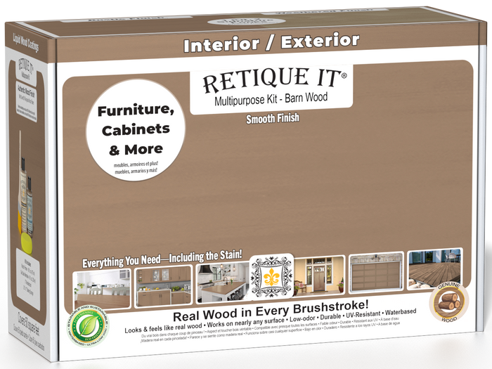 Retique It Wood'n Finish Kit in Barn Wood with smooth matte top coat, designed for exterior wood projects.