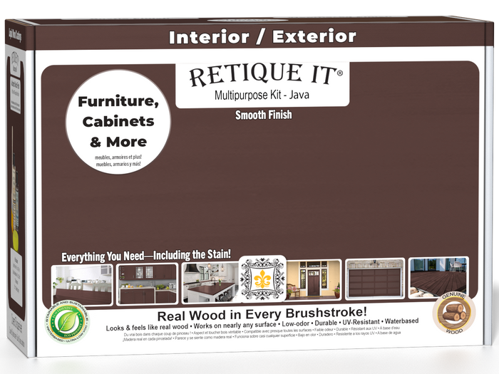 Retique It Multi-purpose Smooth Finish Kit in Java for interior wood top coat, includes wood finish and application tools.