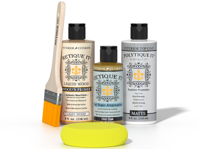 Retique It® Old Oak Brush-On Kit with Matte PolyTique® includes a brush, Light Wood primer, Old Oak Gel Stain Alternative, Matte PolyTique® top coat, and a yellow sponge.