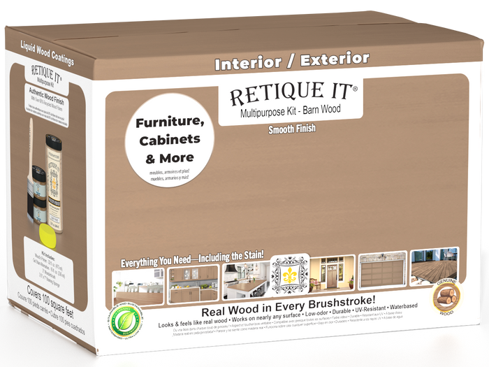 Large Barn Wood Multi-purpose Smooth Finish Kit by Retique It for exterior wood top coating, includes finishing tools.