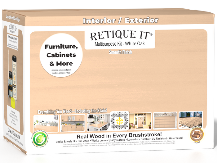 Large white oak wood finish kit by Retique It with interior top coat in matte, featuring multiple tools for smooth woodworking projects.
