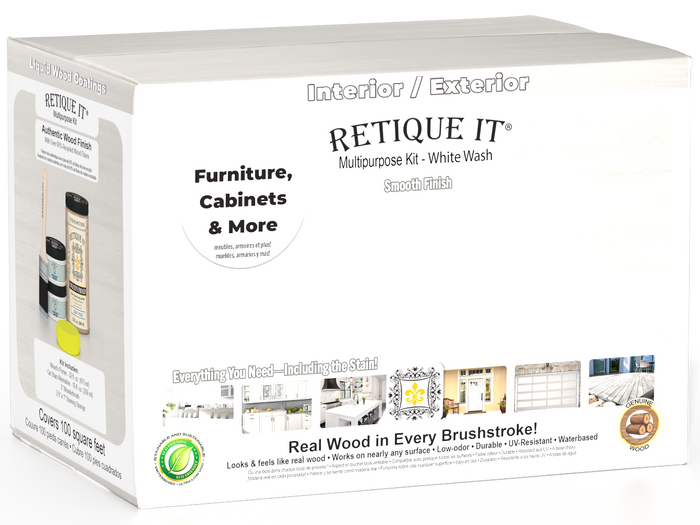 Large White Wash Multi-purpose Smooth Finish Kit for interior wood surfaces by Retique It, includes top coat and matte finish.