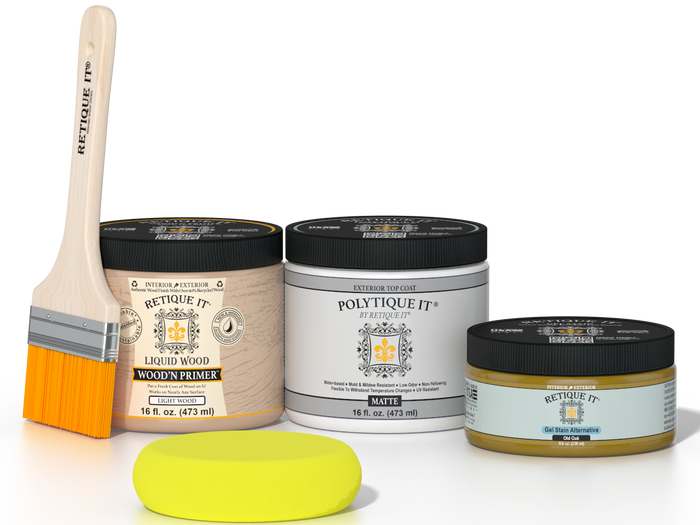 Retique It® Old Oak Brush-On Kit with Matte PolyTique® includes a brush, Light Wood primer, Old Oak Gel Stain Alternative, Matte PolyTique® top coat, and a yellow sponge.