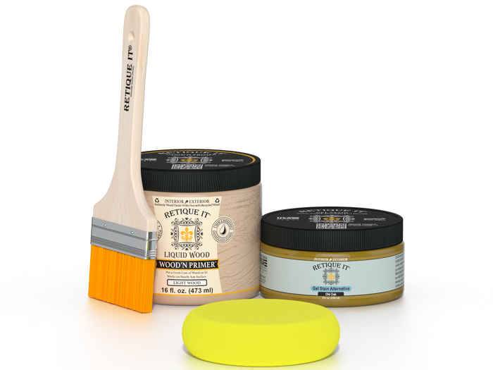 Retique It® Old Oak Brush-On Kit includes a brush, Light Wood primer, Old Oak Gel Stain Alternative, and a yellow sponge.