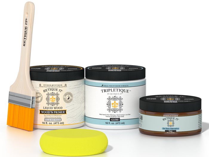 Retique It® White Oak Multipurpose Kit contents with Liquid Wood primer, Pecan gel stain alternative, Tripletique gloss interior top coat, paintbrush, and yellow sponge.