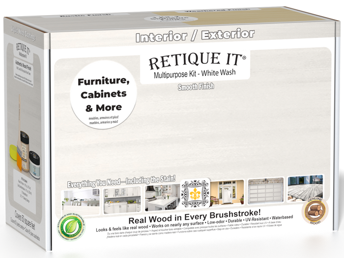 Retique It Multi-purpose Smooth Finish Kit in White Wash for exterior wood, includes top coat, matte finish, medium size.