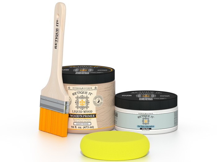 Retique It® White Wash Multipurpose Kit contents with Liquid Wood primer, White Wash gel stain alternative, paintbrush, and yellow sponge.