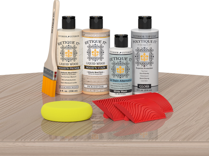 Retique It Wood'n Finish Kit in Sun Bleached for exterior top coat, featuring a multi-purpose wood finishing set on a table.