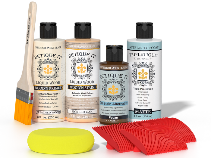 Retique It® White Oak Wood'n Kit with Bleached Wood primer, Pickled Oak stain, Pecan gel stain alternative, Matte Tripletique® Top Coat, brush, red graining tool, and yellow sponge.