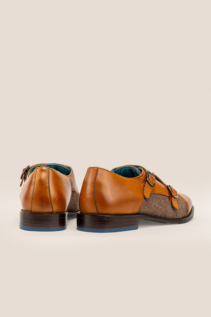 Oscar cognac monk strap men’s shoes crafted from premium leather with tweed accents, ideal for formal and smart-casual occasions.