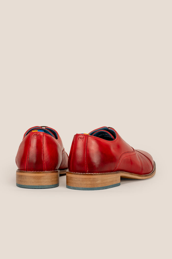 William cherry red leather oxford shoes for men by Oswin Hyde – elegant toecap lace-up design with polished leather and timeless sophistication.