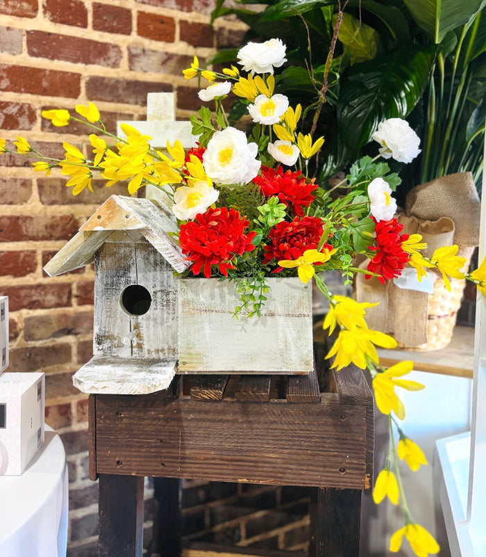 Wooden Bird House with Silk Flowers
