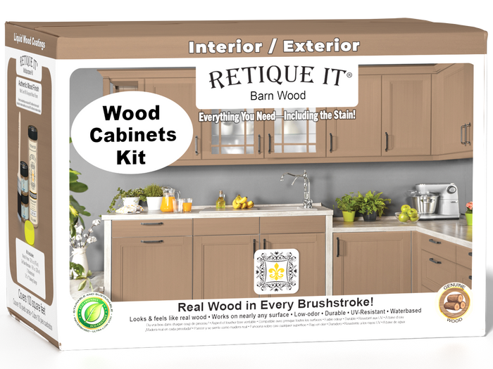 Retique It Wood'n Cabinet Kit with 12 smooth barn wood stained cabinet doors, shown in a 3D box view for stylish kitchen storage.