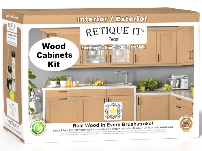 Retique It Wood'n Cabinet Kit in Pecan with 12 smooth doors, ideal for staining and finishing kitchen cabinets.