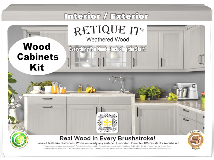 Weathered wood cabinet doors from Retique It Wood'n Cabinet Kit with 12 smooth doors for a rustic stained finish.