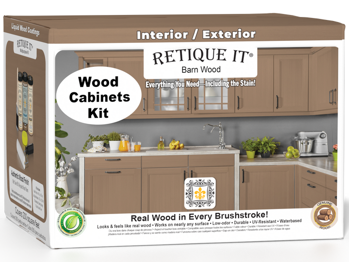 Retique It Wood'n Cabinet Kit with 24 smooth barn wood doors, stain finish, shown in a 3D cabinet box image.