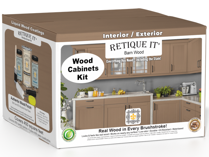 Retique It Wood'n Cabinet Kit with 48 barn wood doors, smooth finish, showcasing stained wood cabinet panels.