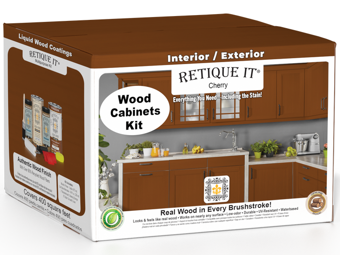 Retique It Wood'n Cabinet Kit with 48 cherry stained, smooth cabinet doors for kitchen or bathroom renovation.