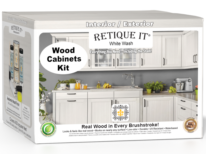 Retique It Wood'n Cabinet Kit with 48 white wash doors, smooth finish, stainable wood cabinets for kitchen or bathroom.