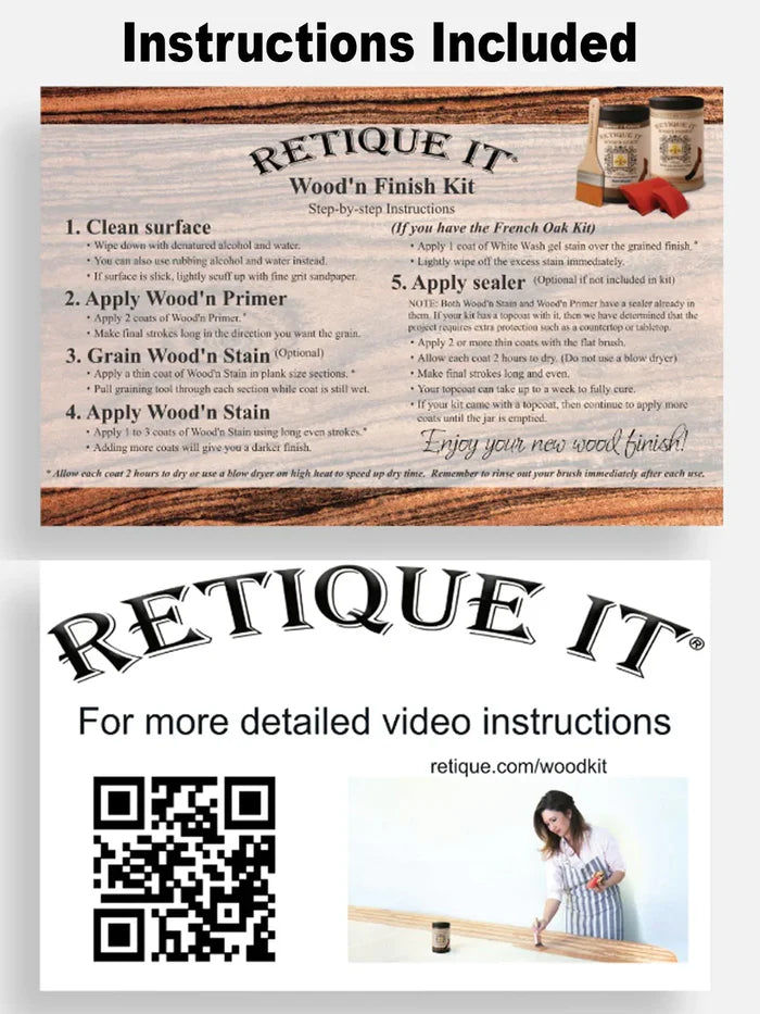 Retique It Wood'n Cabinet Kit with 24 grained doors in Harbor Gray stain, shown with application instructions.