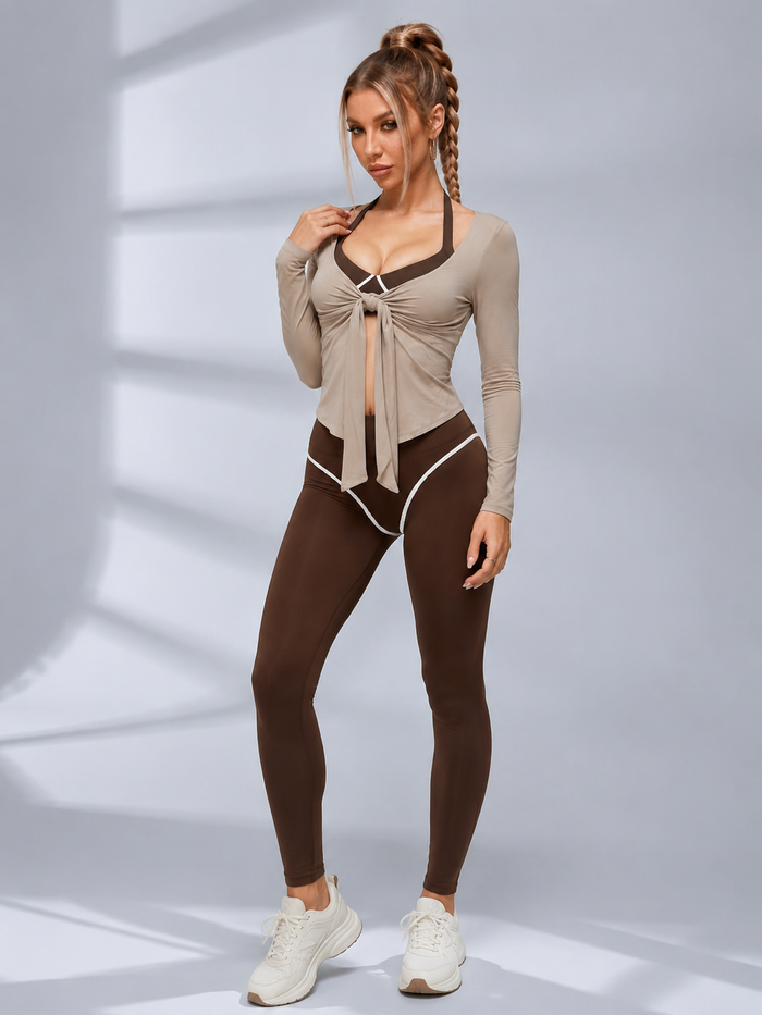 3 Pieces Front Tie Halter Contrast Fitness Set