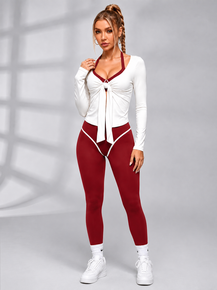 3 Pieces Front Tie Halter Contrast Fitness Set