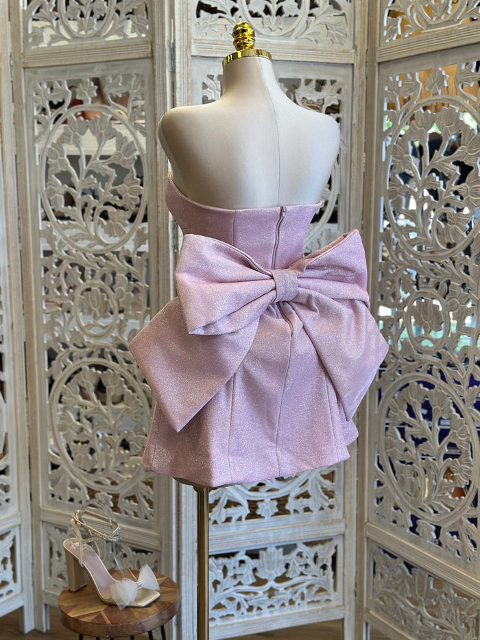 Mauve Strapless Ribbon Mini Dress-Estira, Stretchy Estira poco