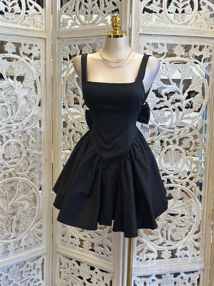 Black Open Back Ribbon Bubble Dress-Estira, Stretchy