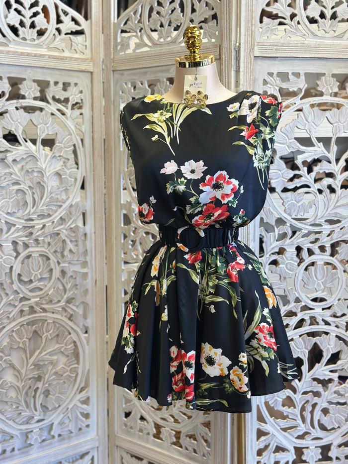 Cinched Floral Mini Flowy Dress-Estira, Stretchy