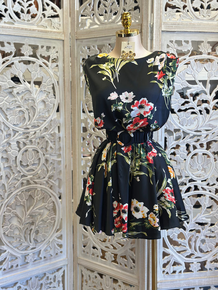 Cinched Floral Mini Flowy Dress-Estira, Stretchy