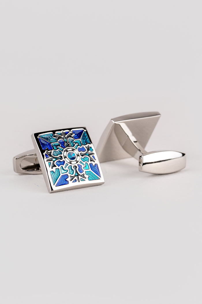 Alex Blue Men’s Cufflinks with geometric blue enamel design, crafted for weddings and formal events.