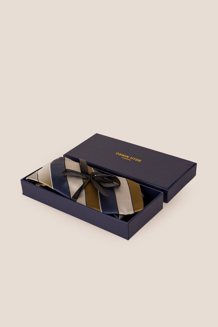 Archie Navy/Brown tie with striped design, ideal for weddings, parties, and formal occasions.